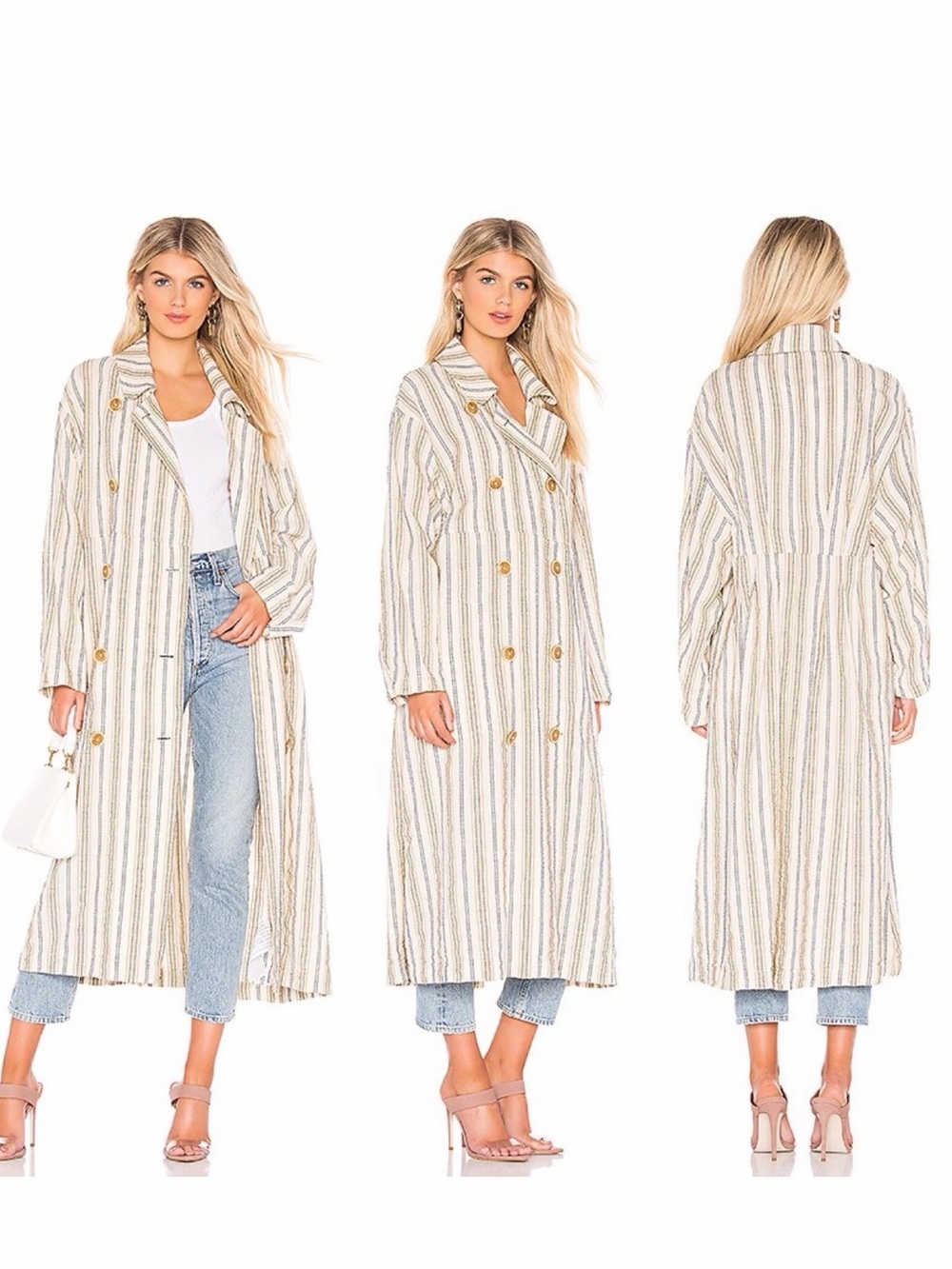 Free People Sweet Melody Neutral Stripe Maxi Trench Coat Jacket Oversized